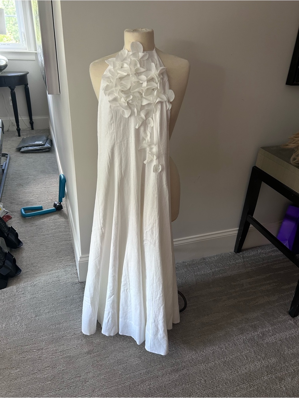 White Halter Maxi Dress with Floral Appliqué